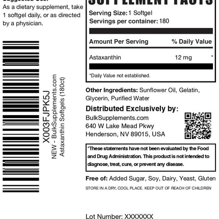 BulkSupplements Astaxanthin 12mg Softgels – Gluten Free, 180 Count (Pack of 1)