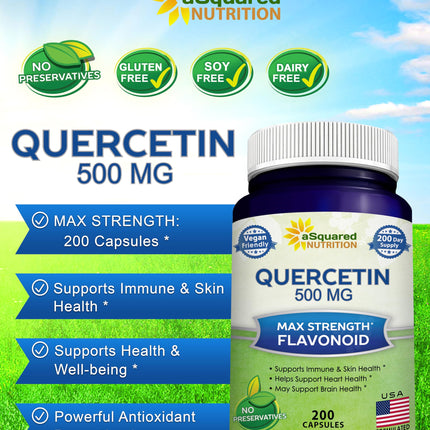 aSquared Nutrition Quercetin 500mg Supplement - 200 Capsules | Max Strength Quercetin Dihydrate for Immune & Cardiovascular Support