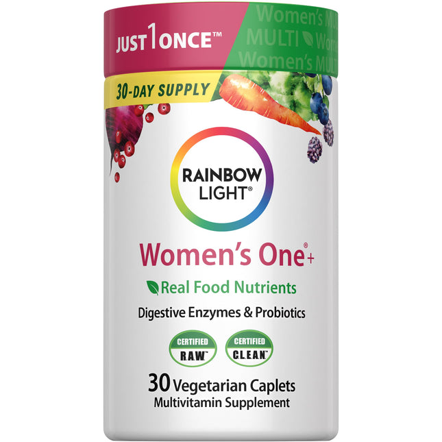Rainbow Light Womens Multivitamin One + | 30 Caplets | Real Food Nutrients, Digestive Enzymes & Probiotics
