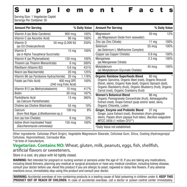 Rainbow Light Womens Multivitamin One + | 30 Caplets | Real Food Nutrients, Digestive Enzymes & Probiotics