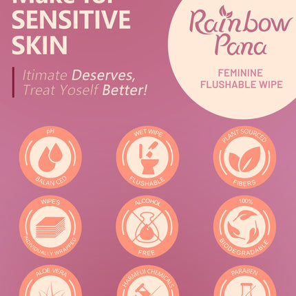 RainbowPana Feminine Wipes | 120 Count, Flushable Aloe & Vitamin-E