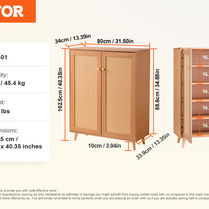 VEVOR 5 Tiers 2 Doors 40.35" Tall and Adjustable Shelves Rattan Shoe Storage Entryway Cabinet Ideal for Entryway Closet Hallway