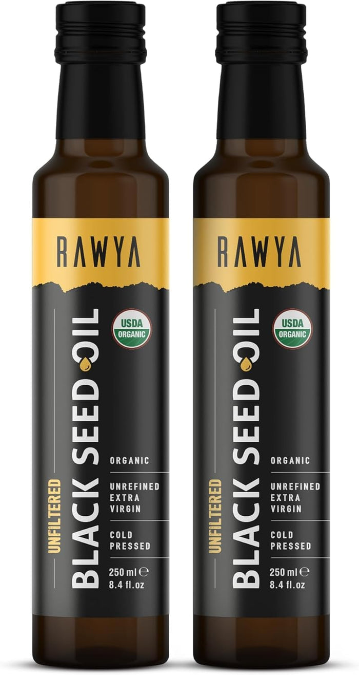 RAWYA Black Seed Oil - Organic Cold-Pressed Nigella Sativa (Turkish Origin) - USDA Organic - 2x250ml Glass