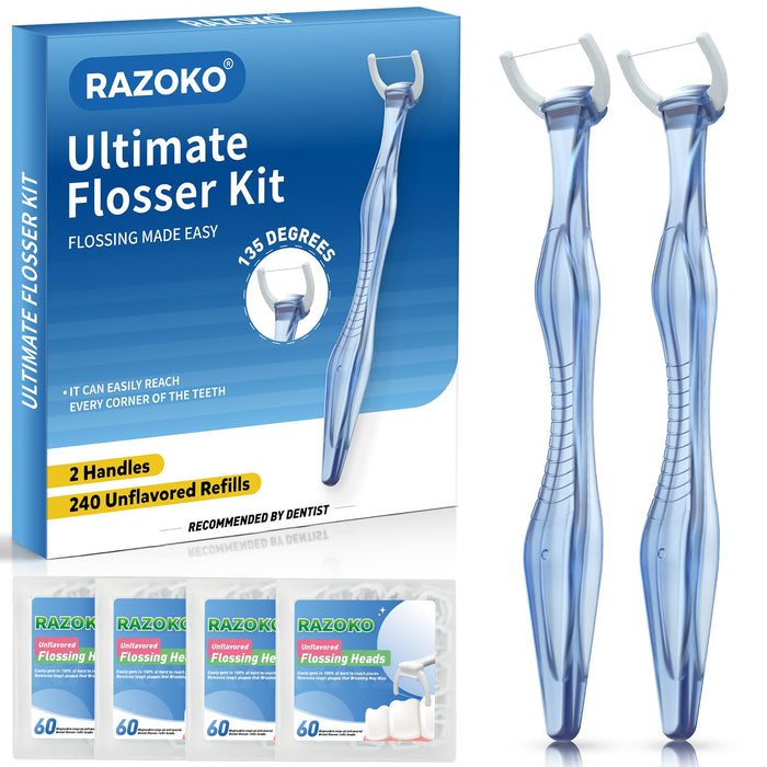 RAZOKO Dental Flosser Kit – Extra-Strong, 2 Handles, 240 Refills, PFAS-Free