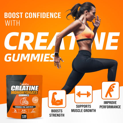 Razuhu Creatine Monohydrate Gummies – 4g per Serving, Sugar Free, Vegan, Orange, 120 Count