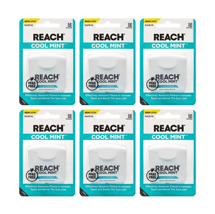 REACH Cool Mint Dental Floss – Fresh Mint, PFAS Free, 6 Pack, 55 yd