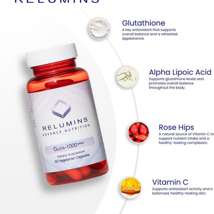 Relumins Advance Nutrition Gluta 1000 – Reduced L-Glutathione with Alpha Lipoic Acid & Rose Hips | 75-Day Supply | Made in USA