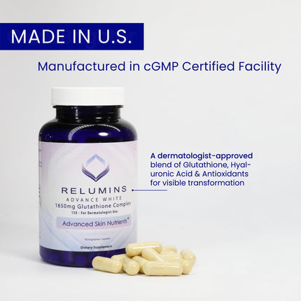 Relumins L-Glutathione Complex 1650mg – Antioxidant Support & Skin Health (USA) | 90 Vegetarian Capsules x 2 Bottles