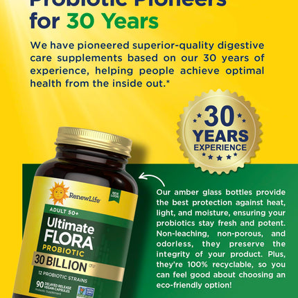 Renew Life Probiotic Adult 50 Plus – 30 Billion CFU, 90 Count Capsules | Digestive & Immune Support