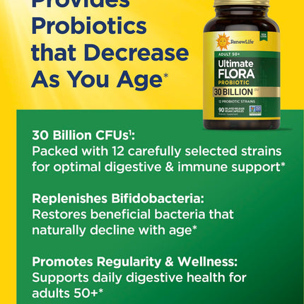 Renew Life Probiotic Adult 50 Plus – 30 Billion CFU, 90 Count Capsules | Digestive & Immune Support