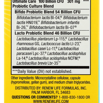 Renew Life Ultimate Flora Care Probiotic 100 Billion, 30 Count – Daily Probiotic