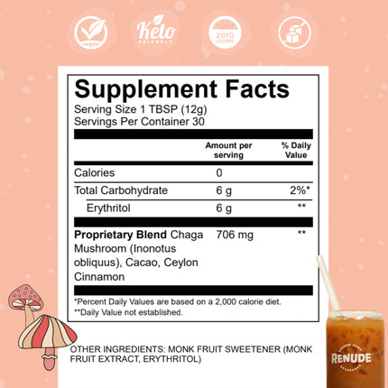 Renude Chagaccino – Wild Chaga Mushroom Powder & Adaptogen Drink Mix | Vegan, Keto, Zero-Calorie, 30 Servings