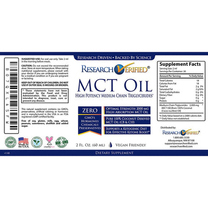 Research Verified 100% MCT Oil - 2 Fl Oz | Vegan Friendly | 1 Bottle