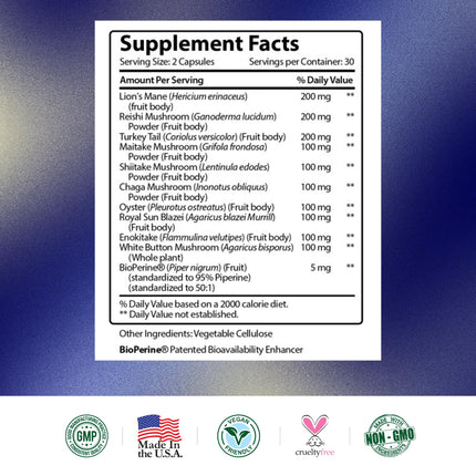 Research Verified Mushroom Complex - Immune Support, Antioxidants & Cognitive Function | 360 Vegan Capsules