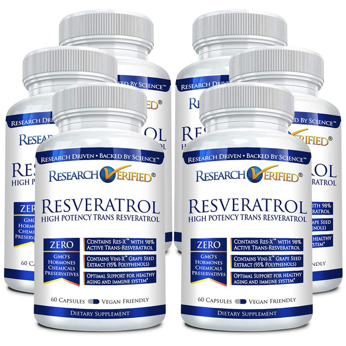 Research Verified Resveratrol - 98% Trans-Resveratrol 1000 mg, 60 Capsules per Bottle - 6 Bottles