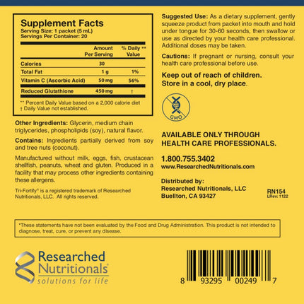 Researched Nutritionals Liposomal Glutathione (450mg) Liquid Gel + Vitamin C – Tri-Fortify, Watermelon, 20 Packets