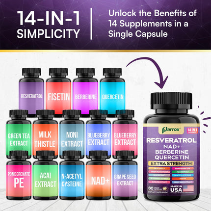 Resveratrol 14-in-1 Extra Strength (180 Caps) with NAD+, NAC & Berberine