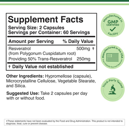 Resveratrol 500mg per Serving – 120 Capsules (Pack of 2) | Double Wood