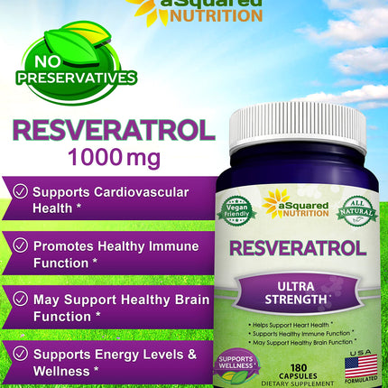 100% Natural Resveratrol 1000mg/Serving | 180 Capsules | Heart Health