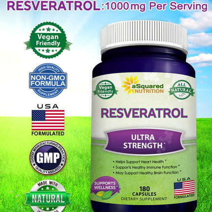 100% Natural Resveratrol 1000mg/Serving | 180 Capsules | Heart Health