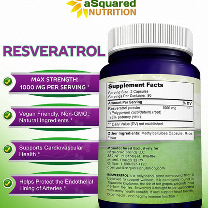 100% Natural Resveratrol 1000mg/Serving | 180 Capsules | Heart Health
