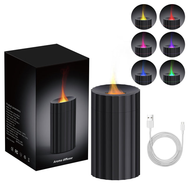 Rican Car Diffuser – Black 100ml USB-C Humidifier with Flame LED, Portable Aromatherapy Diffuser