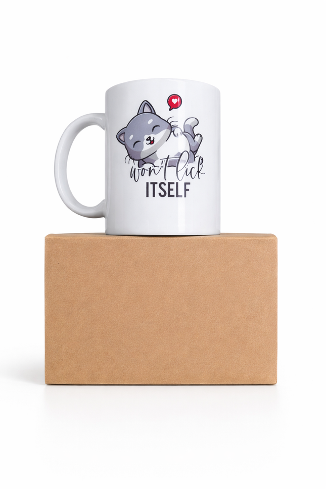 Funny Cat Mug – “Won’t Lick Itself” Novelty Coffee Mug  ex