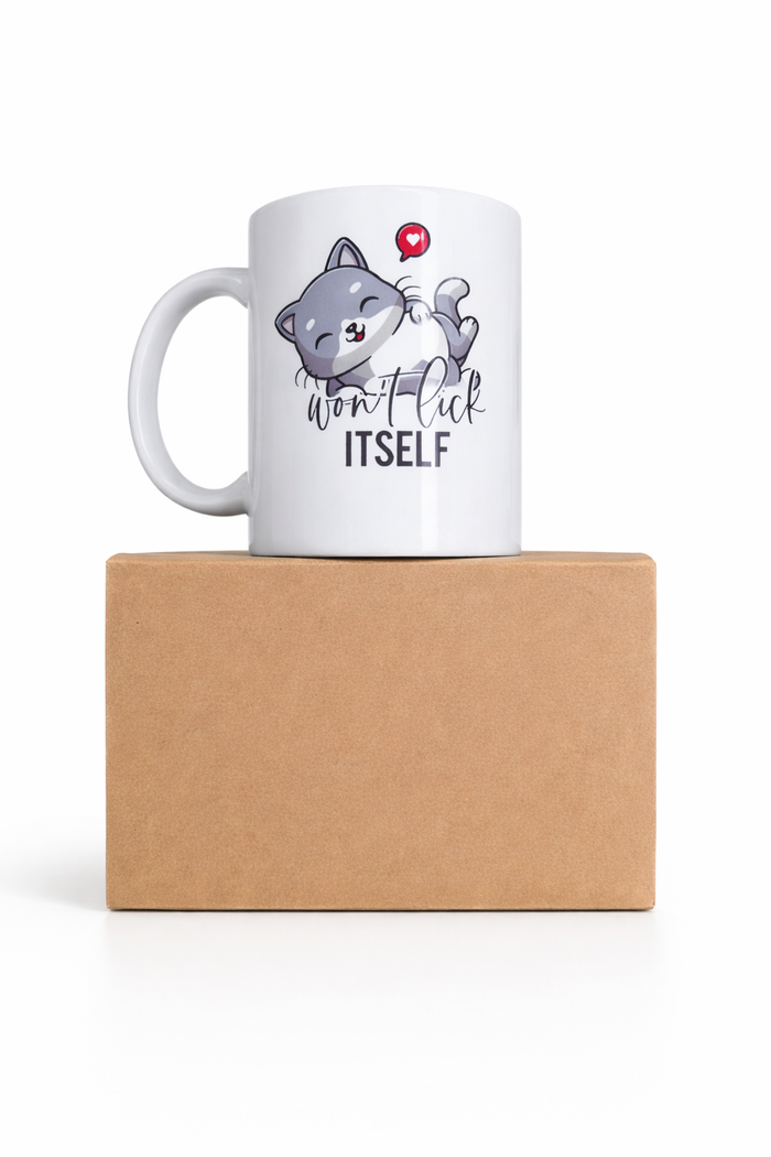 Funny Cat Mug – “Won’t Lick Itself” Novelty Coffee Mug  ex
