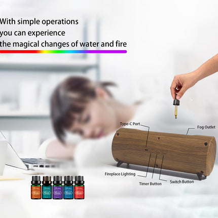 Romanplux Flame Diffuser Humidifier — 7-Color Flame, Wood Shape Fireplace Design with Auto-Shutoff