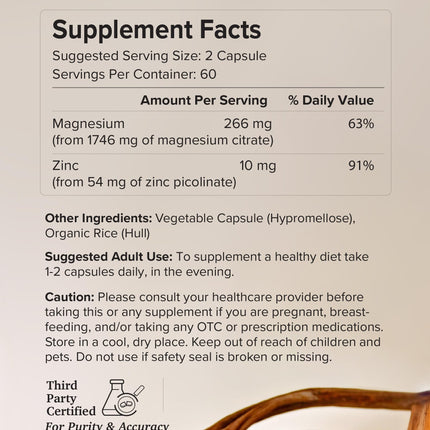 Potent & Pure Magnesium & Zinc Complex by Rootcha | Fully Reacted Magnesium with Chelated Zinc Picolinate | 120 Capsules