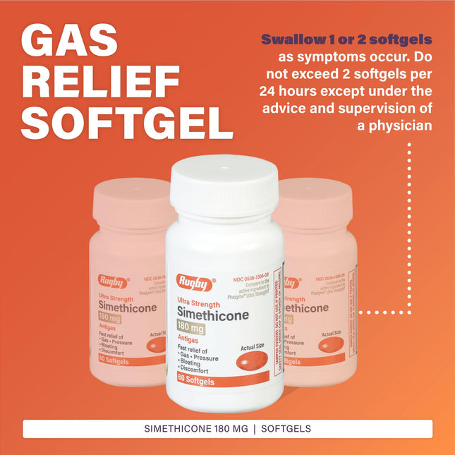 Rugby Ultra Strength Simethicone Gas Relief 180 mg - 60 Softgels (8 Pack) | Rugby Laboratories