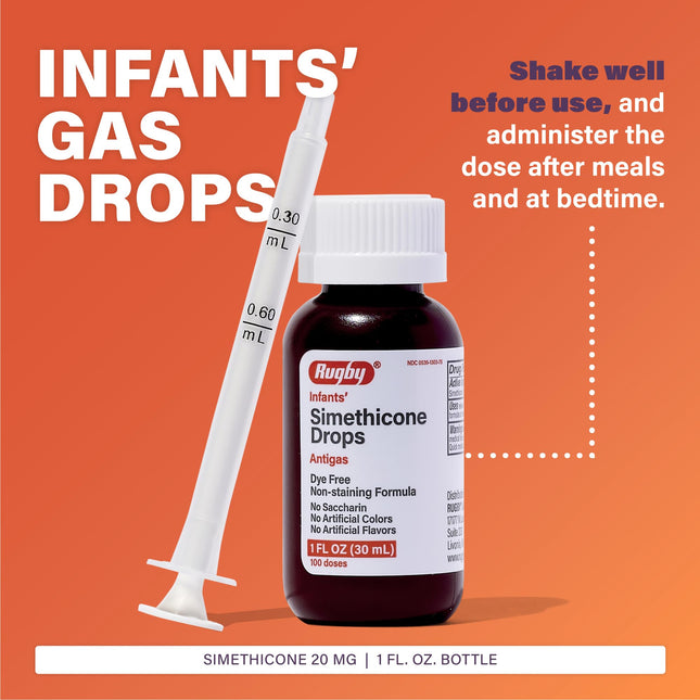 Rugby Dye-Free Infants' Gas Drops - Simethicone 20 mg Liquid Drops for Newborns, Babies, Toddlers, and Kids | No Artificial Colors or Flavors