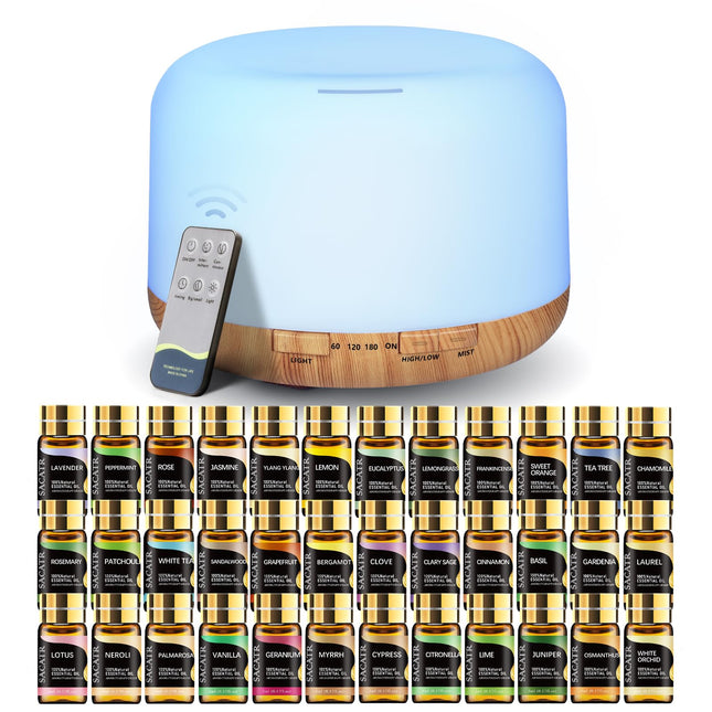 SACATR Essential Oil Diffuser Set – 500ml Ultrasonic Diffuser with 36 Oils, Remote, Auto Shut-Off, 4 Timers, 15 Colors