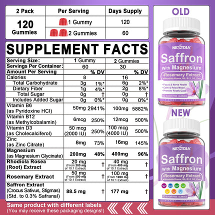 Nextdia Saffron Gummies – 4 Months, 2-Pack with Magnesium Glycinate & Rhodiola for Calm, Focus & Rest