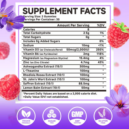 Saffron Gummies 60 Count - 10-in-1 Formula with Magnesium, L-Theanine, Rhodiola (Sugar-Free Raspberry)