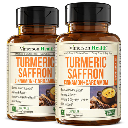 Vimerson Health Saffron Supplements (89 mg) – Turmeric Curcumin with Cinnamon, Cardamom, Eye Health & Mood – 2 Pack