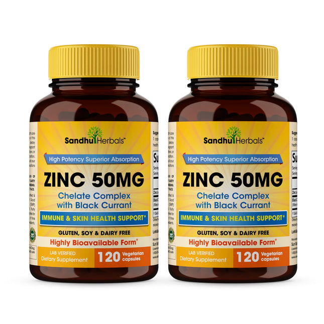 SANDHUHERBALS Zinc Supplements with Black Currant for Men and Women | Zinc 50mg 120 Vegetarian Capsules (Pack of 2) | Highly Absorbable for Immune Support | Zink 50 mg Supplement Supports Skin Health