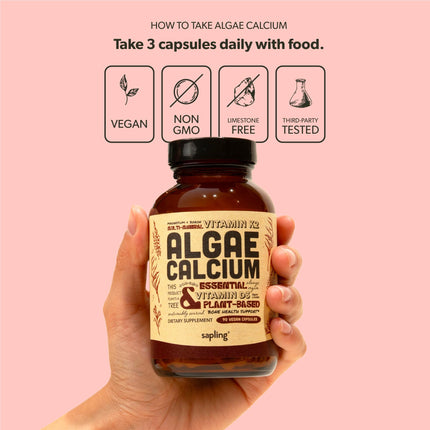 Sapling Calcium Supplement - Red Algae, K2 & D3, Vegan, 90 Capsules