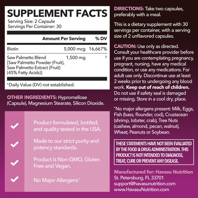 Saw Palmetto for Women with Biotin 5000mcg | DHT Blocker for Hair, Skin & Nails
