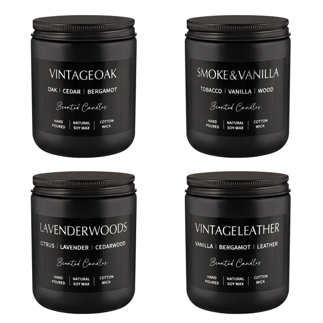 Scented Candles Gift Set - 4 Pack (7oz Each) Soy Wax Aromatherapy Candles | Leather & Smoke, Vanilla Oakmoss, Lavender