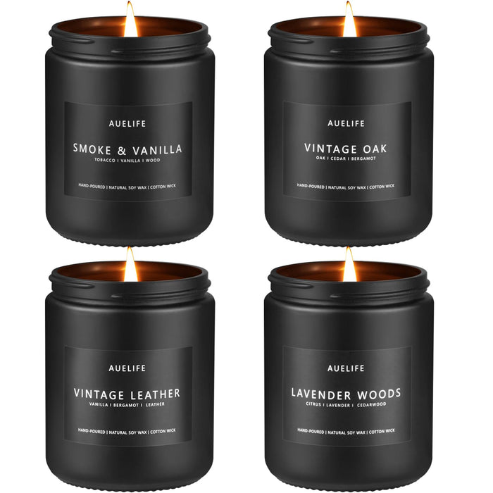 4 Pack Scented Candles Set for Men | Leather, Oak, Smoke & Vanilla