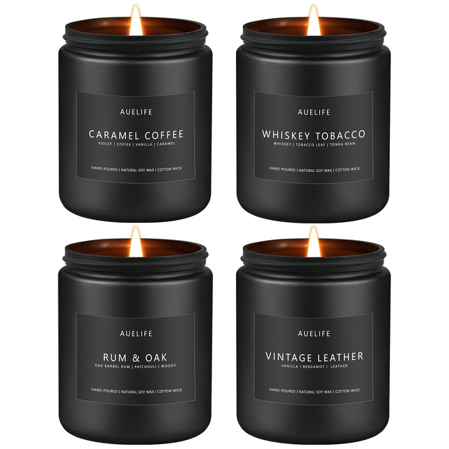 Scented Candles Set – 4-Pack for Men | Caramel Coffee, Whiskey Tobacco, Rum & Oak, Vintage Leather