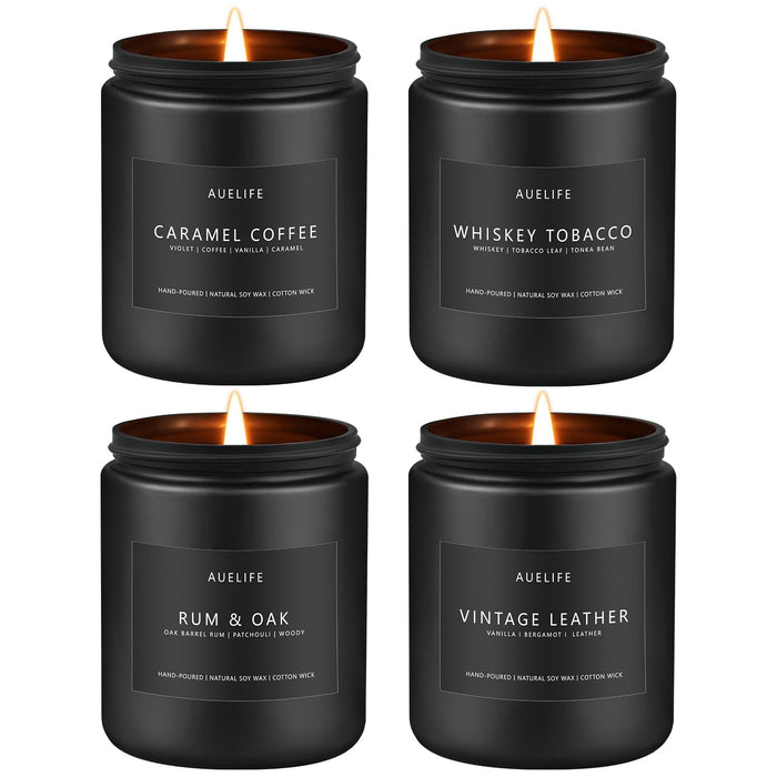 Scented Candles Set – 4-Pack for Men | Caramel Coffee, Whiskey Tobacco, Rum & Oak, Vintage Leather