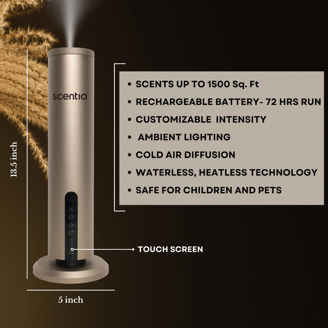 Scentia Max Diffuser – Wireless Waterless Diffuser with App Control | Covers 1500 Sq Ft | Gold