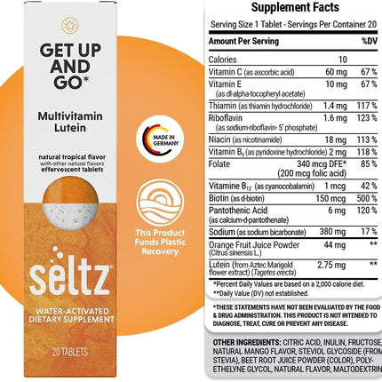 Seltz® Get Up and Go – Effervescent Multivitamin with Lutein for Daily Energy, Eye Health & Antioxidant Support – Tropical Flavor, 20 Tablets (Pack of 6)