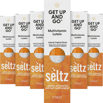 Seltz® Get Up and Go – Effervescent Multivitamin with Lutein for Daily Energy, Eye Health & Antioxidant Support – Tropical Flavor, 20 Tablets (Pack of 6)