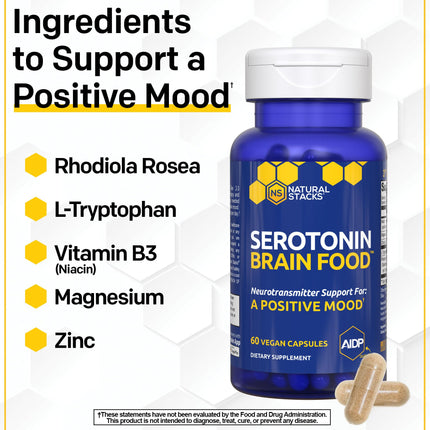 Natural Stacks Serotonin Brain Food – 1250mg L-Tryptophan & 400mg Rhodiola Rosea – Mood Support with Magnesium Glycinate & Zinc – 60 Capsules