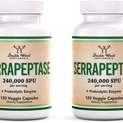 Serrapeptase 240,000 SPU Max Potency – Pack of 2 by Double Wood Supplements (120 Veggie Capsules per Bottle)