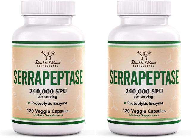 Serrapeptase 240,000 SPU Max Potency – Pack of 2 by Double Wood Supplements (120 Veggie Capsules per Bottle)