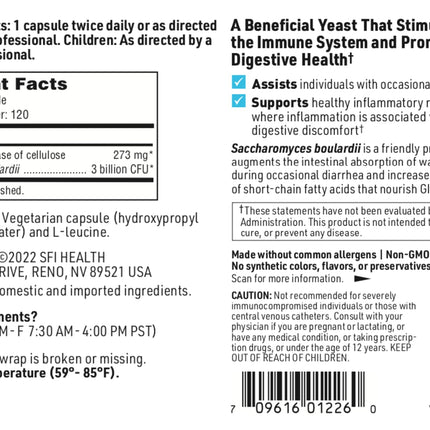SFI Health Klaire Labs Saccharomyces Boulardii Probiotic – Acid-Resistant, Shelf-Stable, Dairy-Free (120ct)